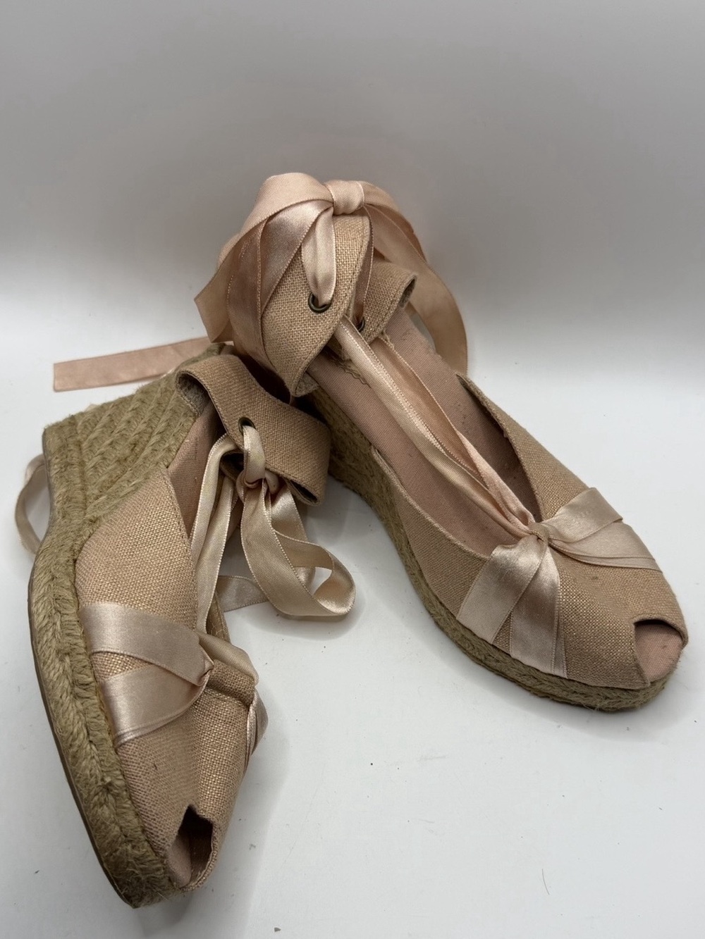 Montego Bay Club Pink Espadrilles Wedge Peep Toe Sandals with Ribbon